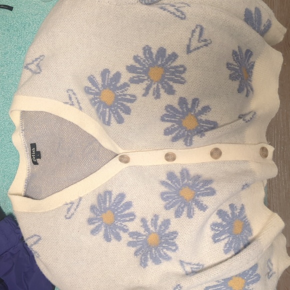 Girlish Sweaters - Girlish Oversized Floral Daisy Cardigan Blue Fuzzy Novelty Retro Knit Sweater L